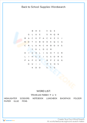 Back to School Supplies Wordsearch