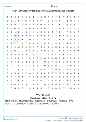 High-schooler Wordsearch: Government and Politics