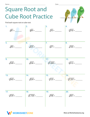 Exercises/activities that involve practicing the calculation of square roots and cube roots