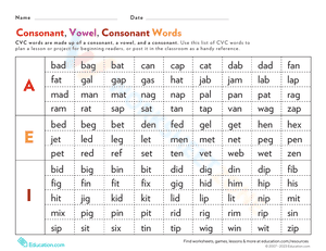 Consonant, Vowel, Consonant Words