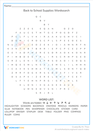 Back to School Supplies Wordsearch 