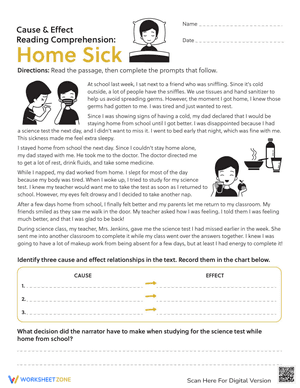 Cause & Effect Reading Comprehension: Home Sick