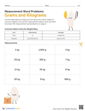 Measurement Word Problems: Grams and Kilograms