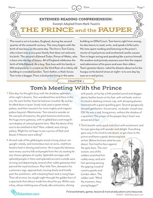 Extended Reading Comprehension: Excerpt Adapted From The Prince and the Pauper