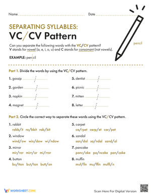 Separating Syllables: VC/CV Pattern
