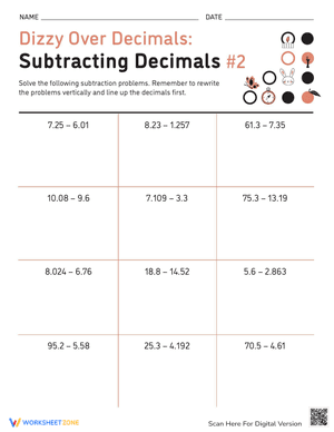 Dizzy Over Decimals: Subtracting Decimals #2