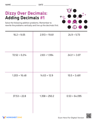 Dizzy Over Decimals: Adding Decimals #1