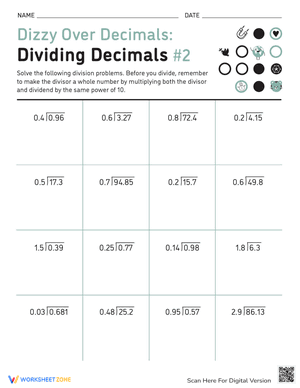 Dizzy Over Decimals: Dividing Decimals #2
