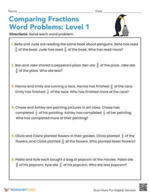 Comparing Fractions Word Problems: Level 1