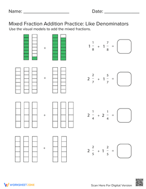Mixed Fraction Addition With Like Denominators #3