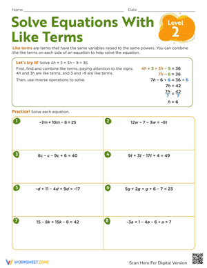 Solve Equations With Like Terms: Level 2