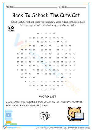 Back To School Word Search: The Cute Cat