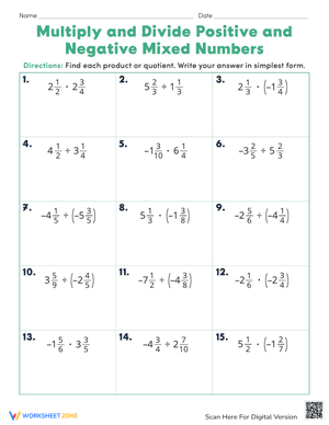 Multiply and Divide Positive and Negative Mixed Numbers