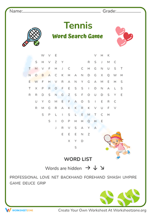 Tennis word search game