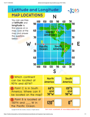 Latitude and Longitude Map Locations Worksheet
