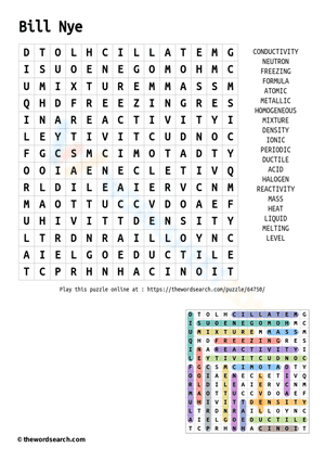 The Word Search Bill Nye with Answer Key