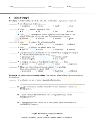 Classification of Matter - Testing concepts