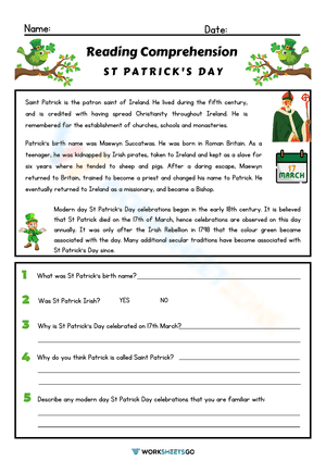 St Patricks Day Reading Comprehension Worksheets