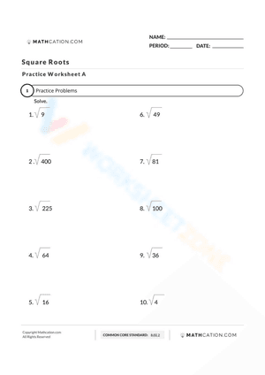 Free Square Roots Worksheet