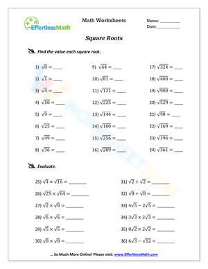 Square Roots Math Worksheet