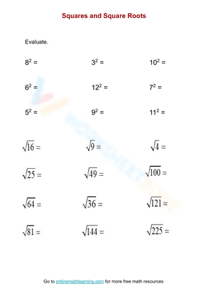 Square and Square Roots Worksheet