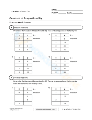 Constant of Proportionality Practice Worksheet