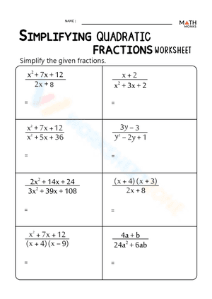 Simplifying Quadratic Fractions Worksheet