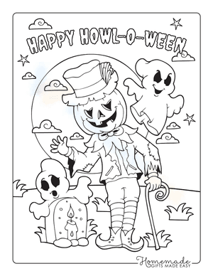 Spooky Jack O'lantern Scarecrow with Ghosts Coloring Page