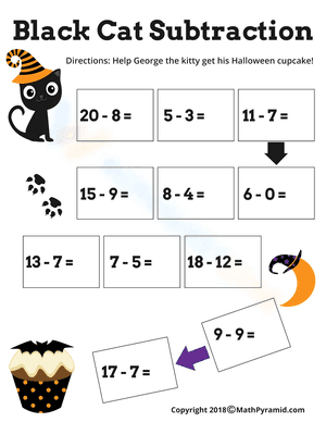 Black Cat Subtraction Halloween Math Worksheet