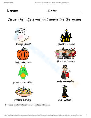 Customize Creepy Halloween Adjectives and Nouns Worksheet