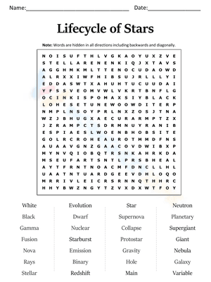 Lifecycle of Stars Word Search