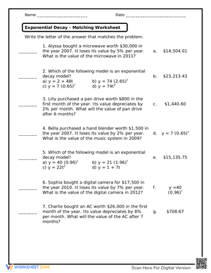 Exponential Decay Matching Worksheet