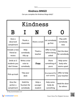 Kindness Bingo Worksheet