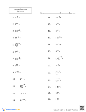 Negative Exponents Worksheet 3