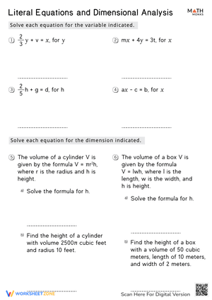 Literal Equations and Dimensional Analysis Worksheet
