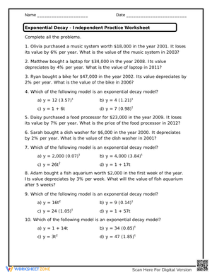 Exponential Decay Independent Practice Worksheet
