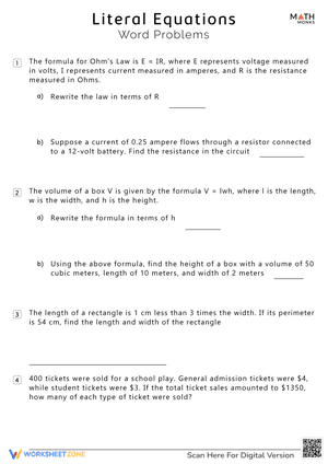 Literal Equations Word Problems Worksheet