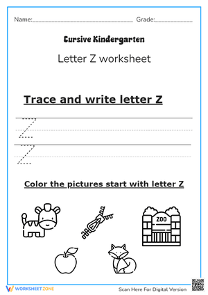 Cursive Kindergarten Letter Z