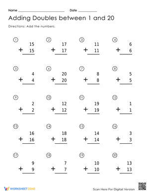 Adding Doubles between 1 and 20 (2)