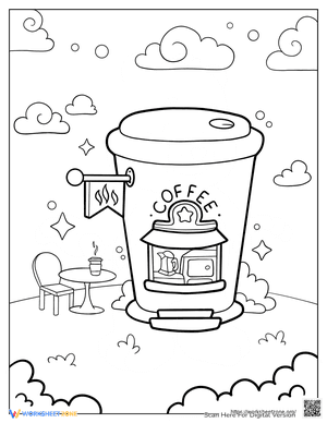 Coffee Cup Style Cafe Coloring Page For Kids
