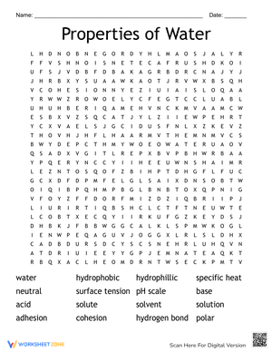 Properties of Water Wordsearch Puzzle