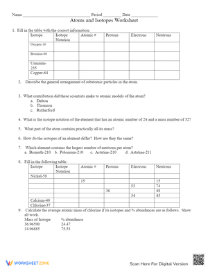 Atoms and Isotopes Worksheet 2