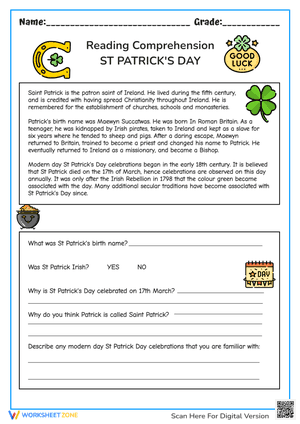 St Patricks Day Reading Comprehension Worksheets