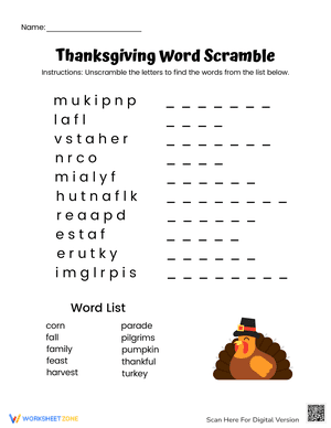 Thanksgiving Word Scramble (Easy)