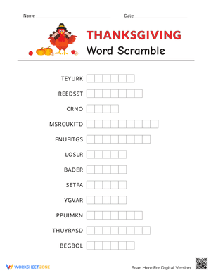 Thanksgiving Word Scramble Worksheet 7