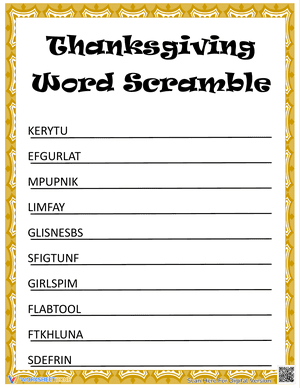 Thanksgiving Word Scramble Worksheet 3