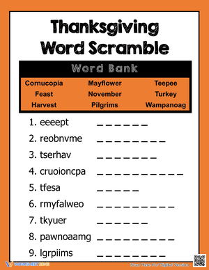 Thanksgiving Word Scramble Worksheet 2