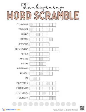 Thanksgiving Word Scramble Worksheet 13