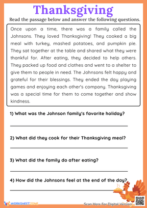 Thanksgiving Reading Comprehension Passage