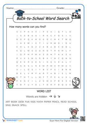 Back To School Word Search Printable
